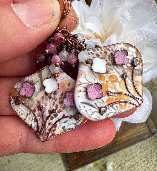 Enamel charm in glass and copper metal pink flowers, pink tourmaline and moonstone. earrings