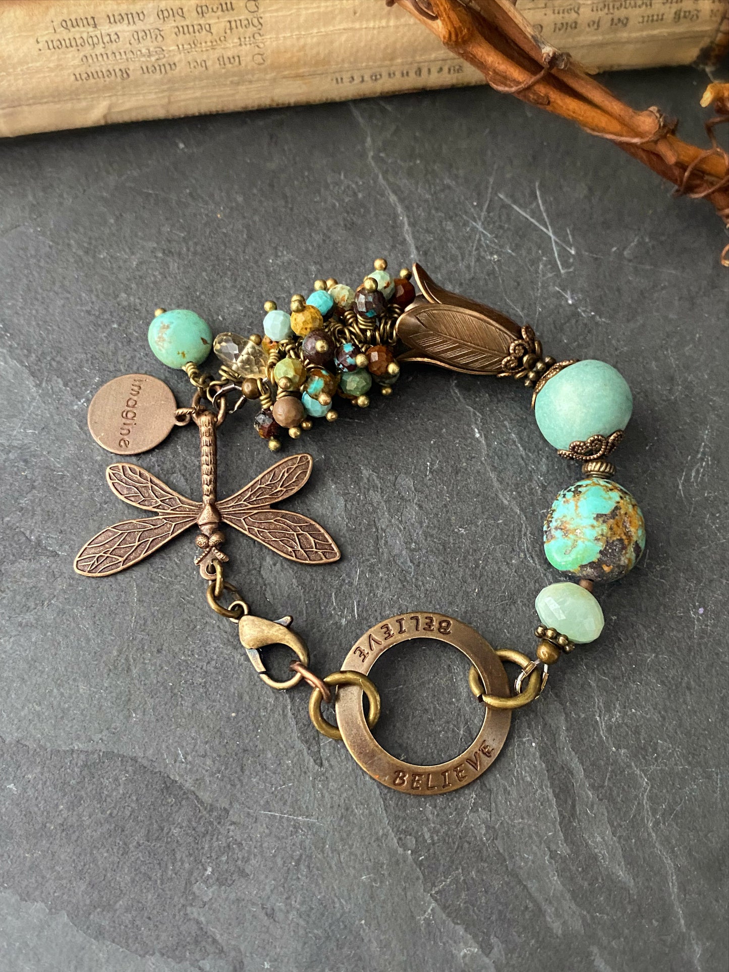 Turquoise, amazonite, ceramic, bronze metal, bracelet, KIT