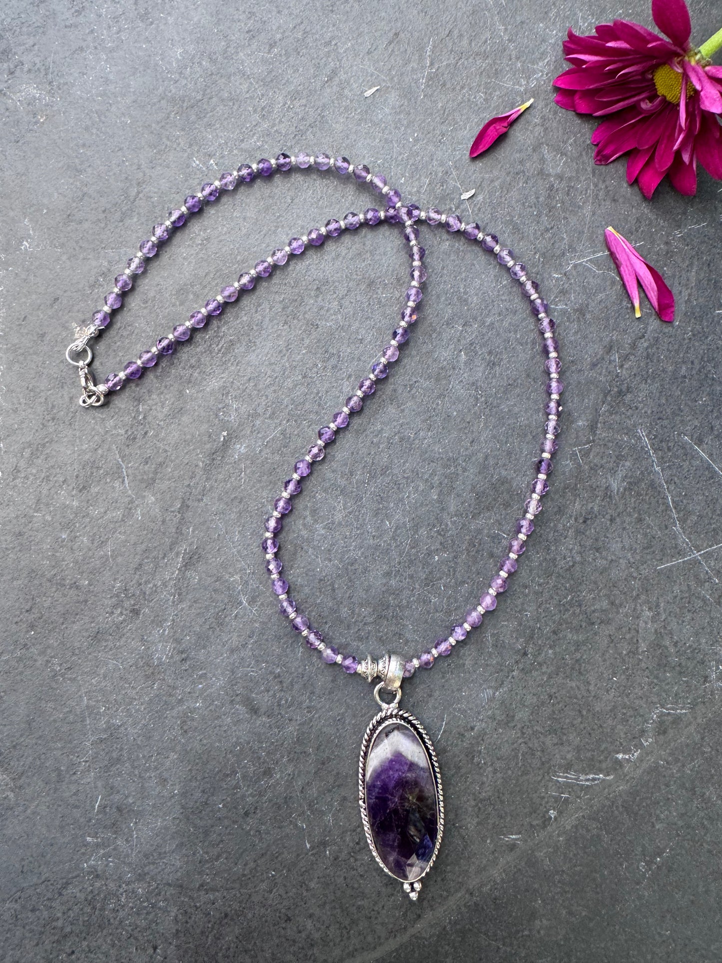 Amethyst stone, silver metal, necklace
