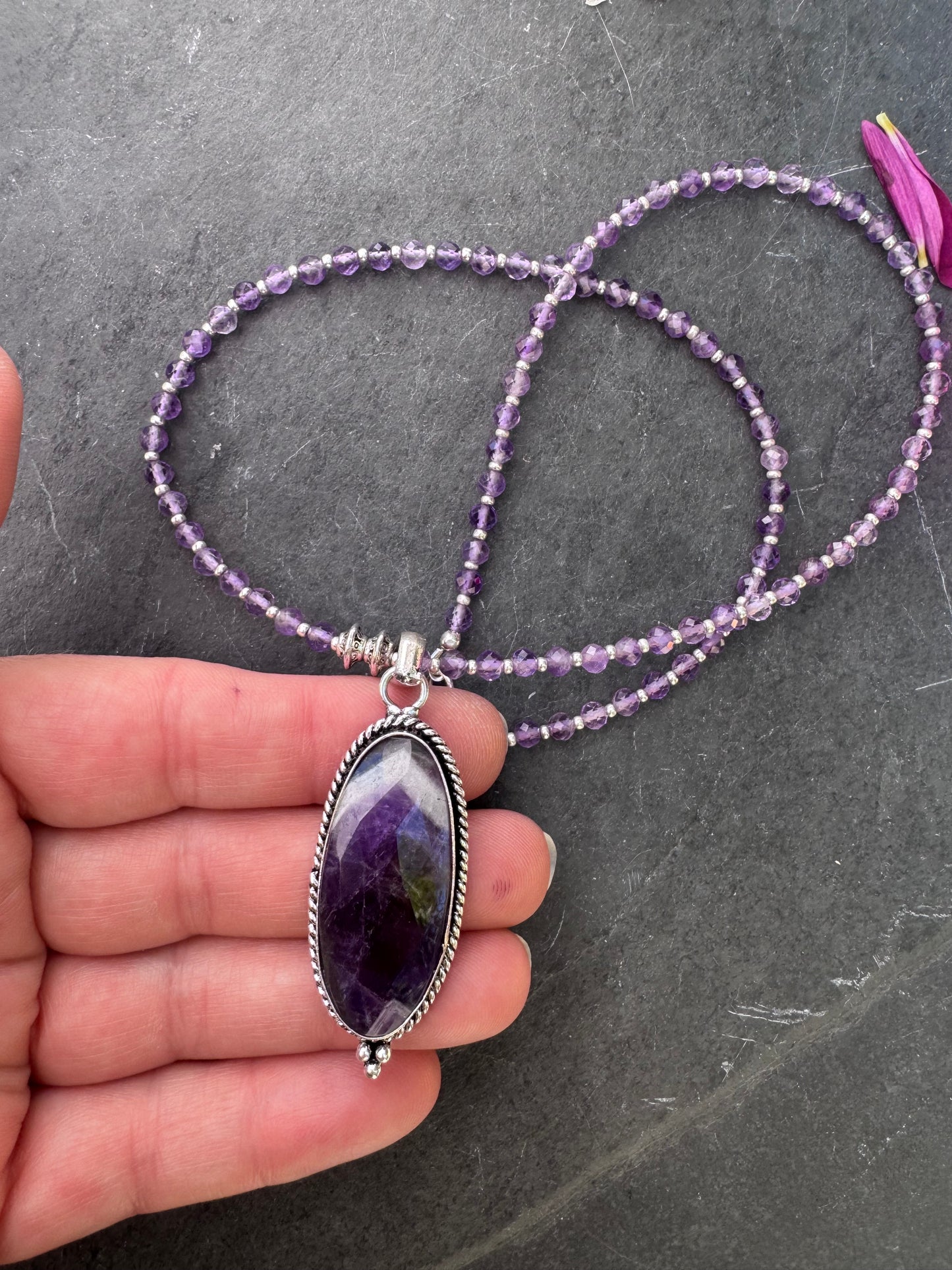 Amethyst stone, silver metal, necklace