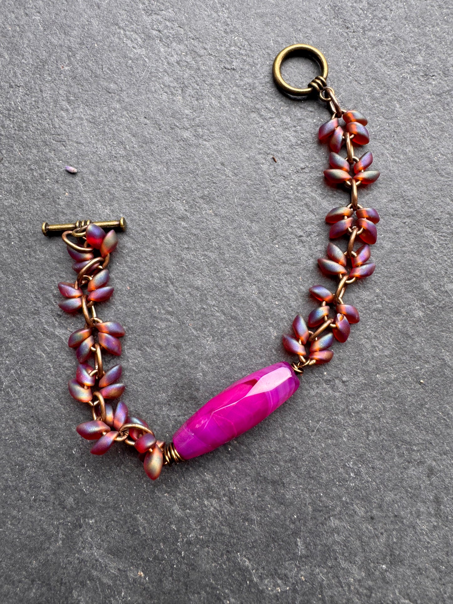 Pink agate, pink & blue Czech glass, Vintaj brass, bracelet.