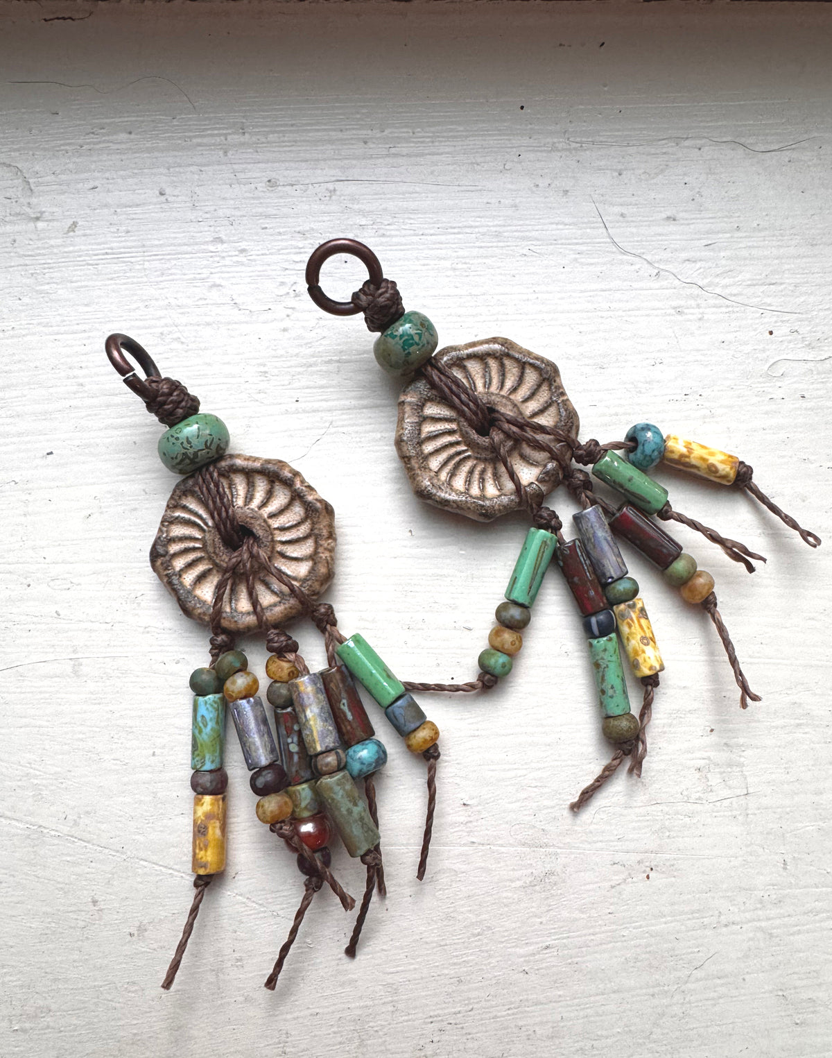 Ceramic  charms, Czech glass, copper metal, earrings