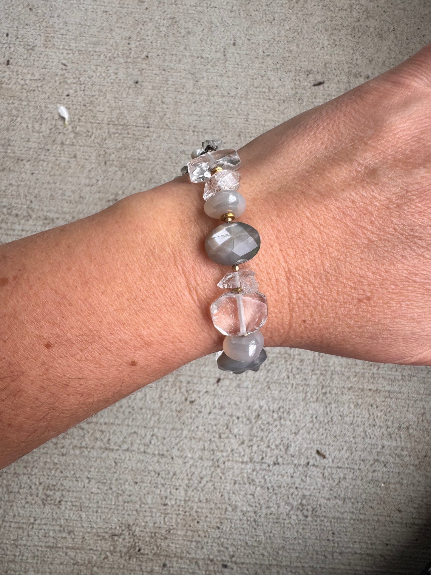 Moonstone, Herkimer diamond, clear quartz, selenite, bronze metal, bracelet