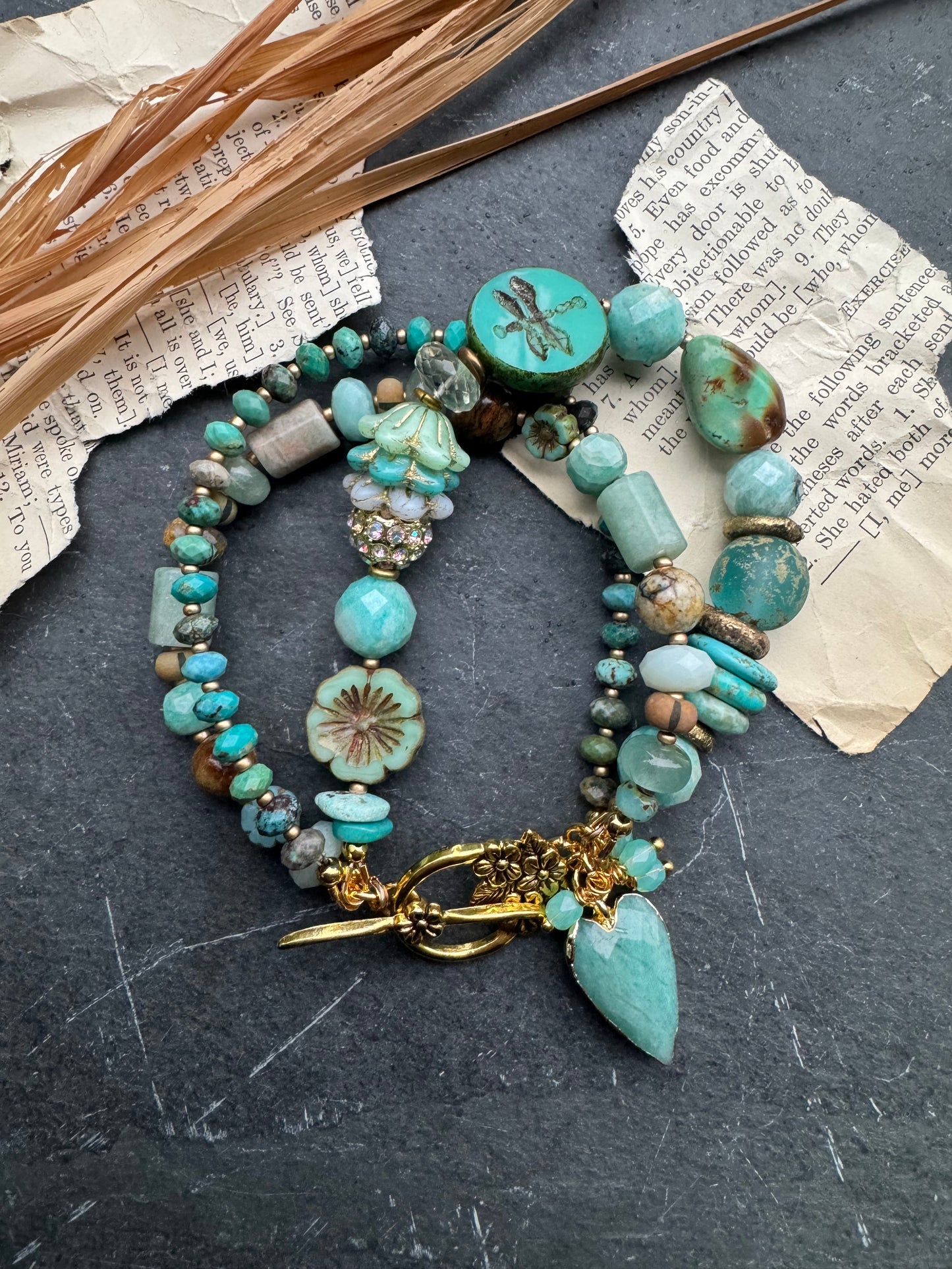 Turquoise (kingman) stone, czech glass, Amazonite, African brass, green amethyst, bracelet ￼￼
