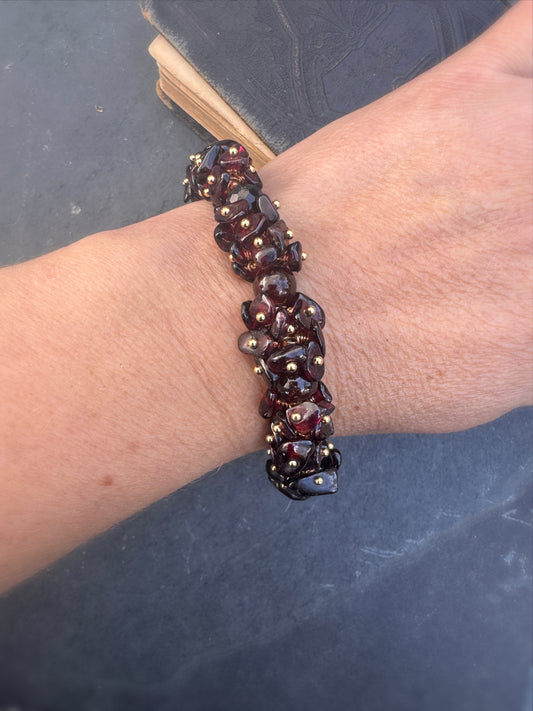 Garnet wire wrapped chip stone,  gold, bracelet