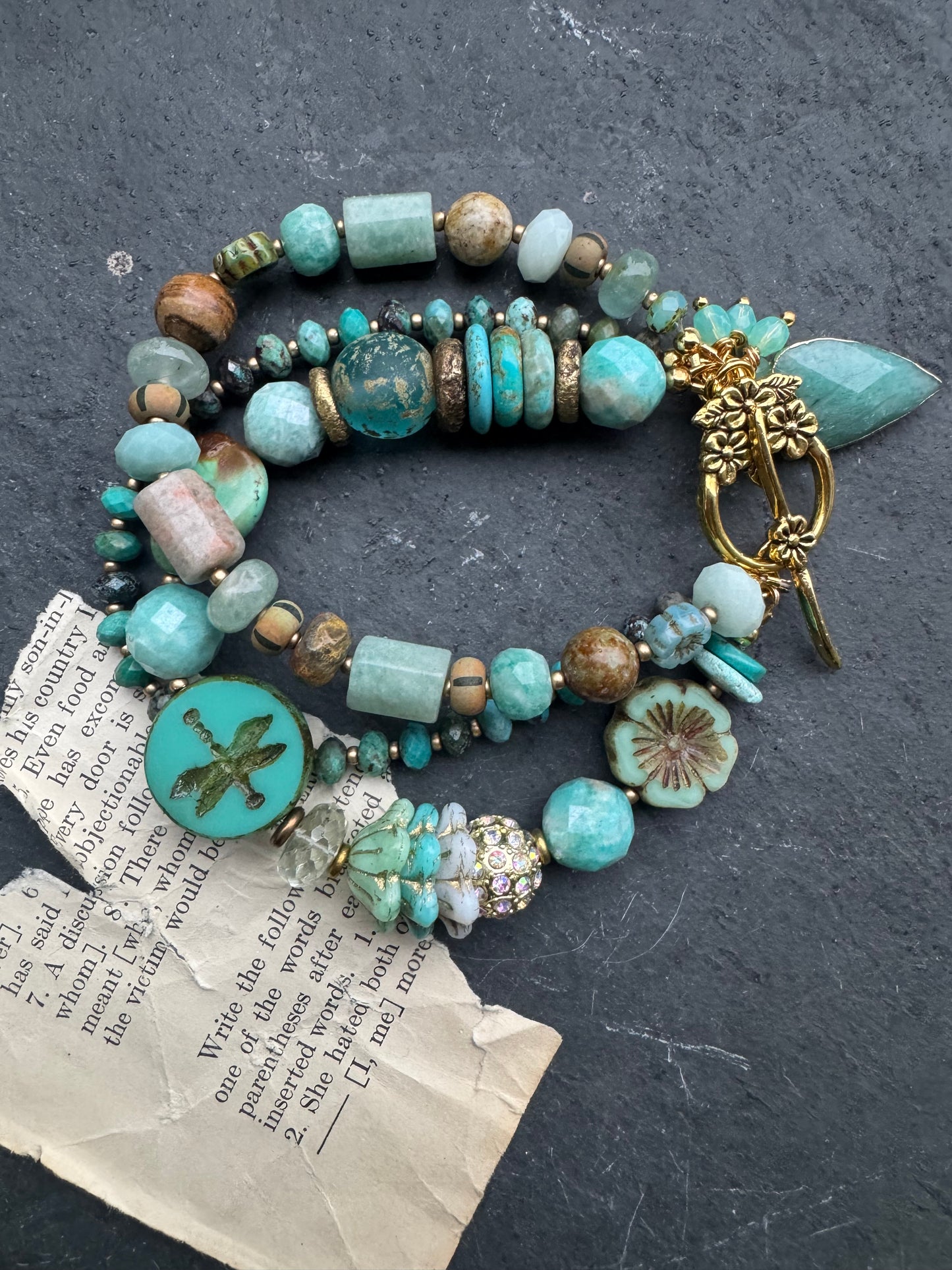 Turquoise (kingman) stone, czech glass, Amazonite, African brass, green amethyst, bracelet ￼￼
