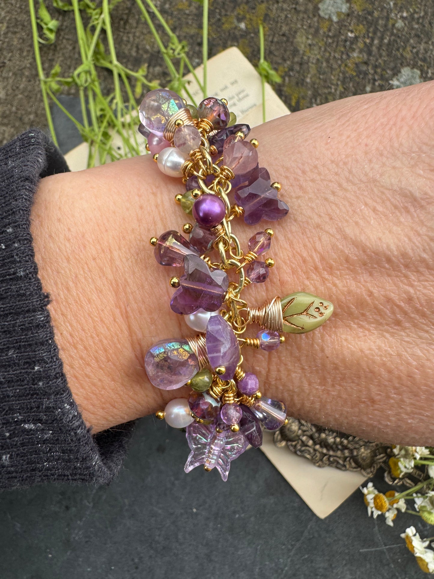 Amethyst, pearls, Czech glass, gold metal, butterfly bracelet.