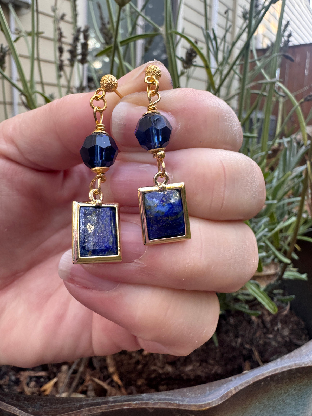 Lapis lazuli stone, blue crystals, gold metal, earrings