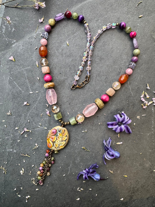 Handmade lampwork glass pendant, mixed gemstone, bronze metal necklace