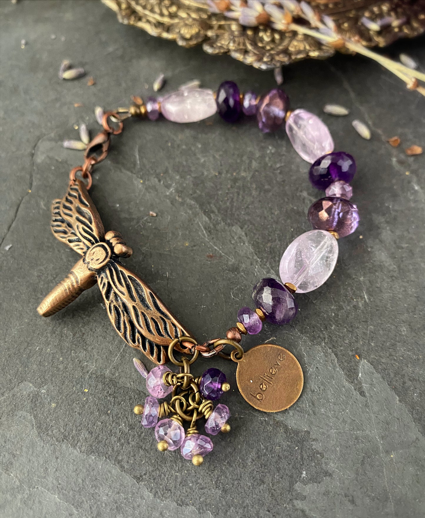 Bronze dragonfly cuff, amethyst stone, bronze metal bracelet.