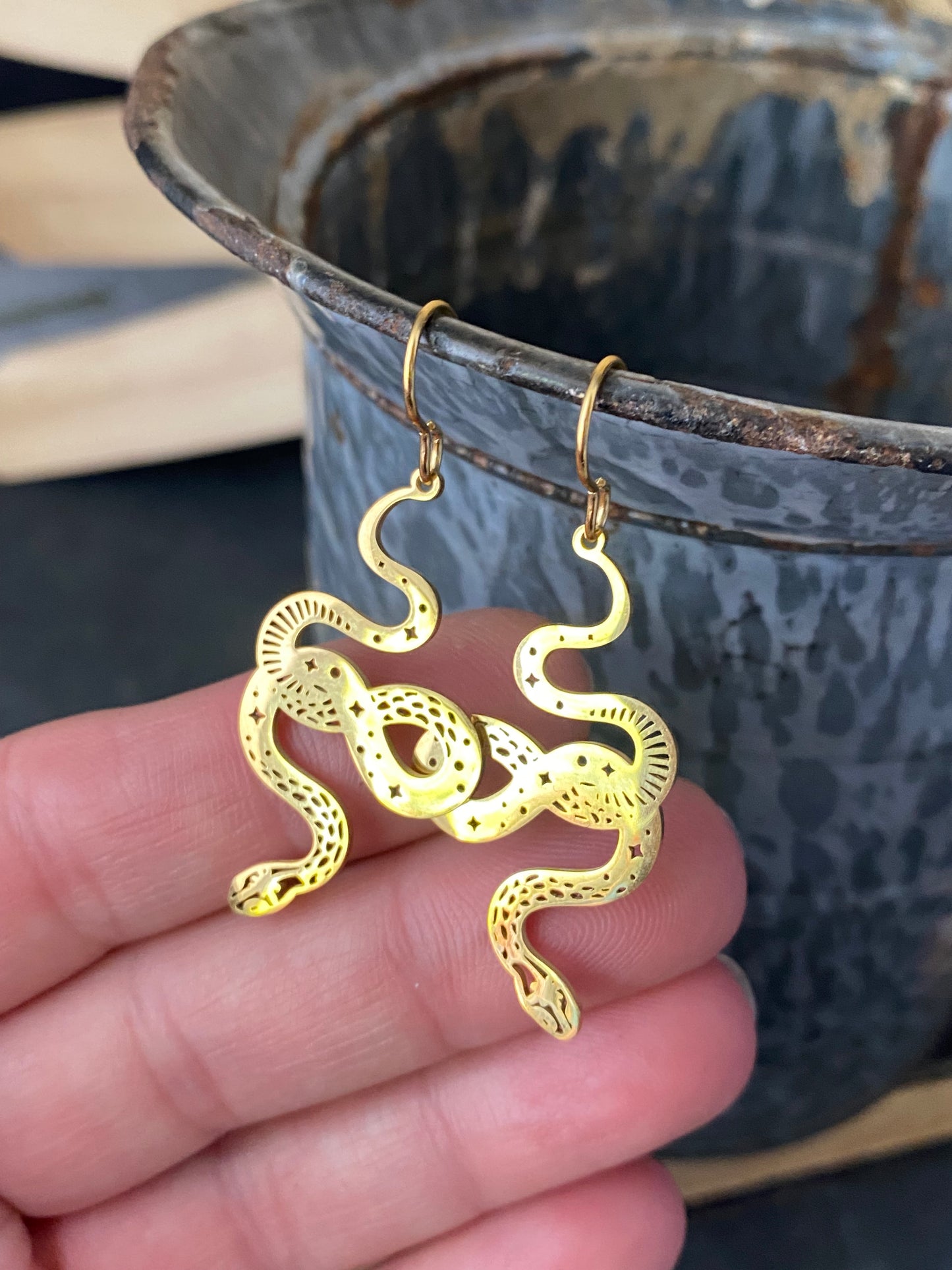 Snake gold metal charm earrings