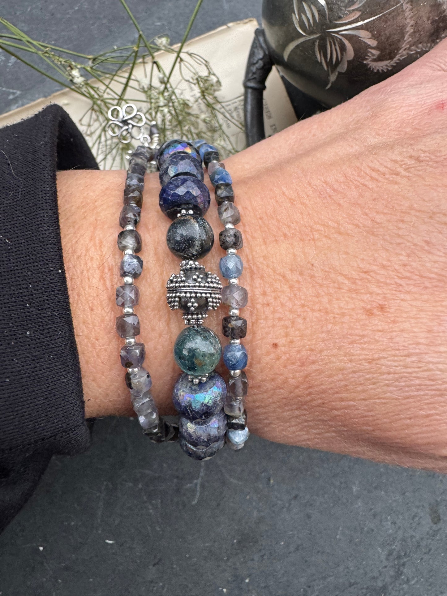 Iolite gemstone, kyanite gemstone and rhinestone, silver clasp, bracelet