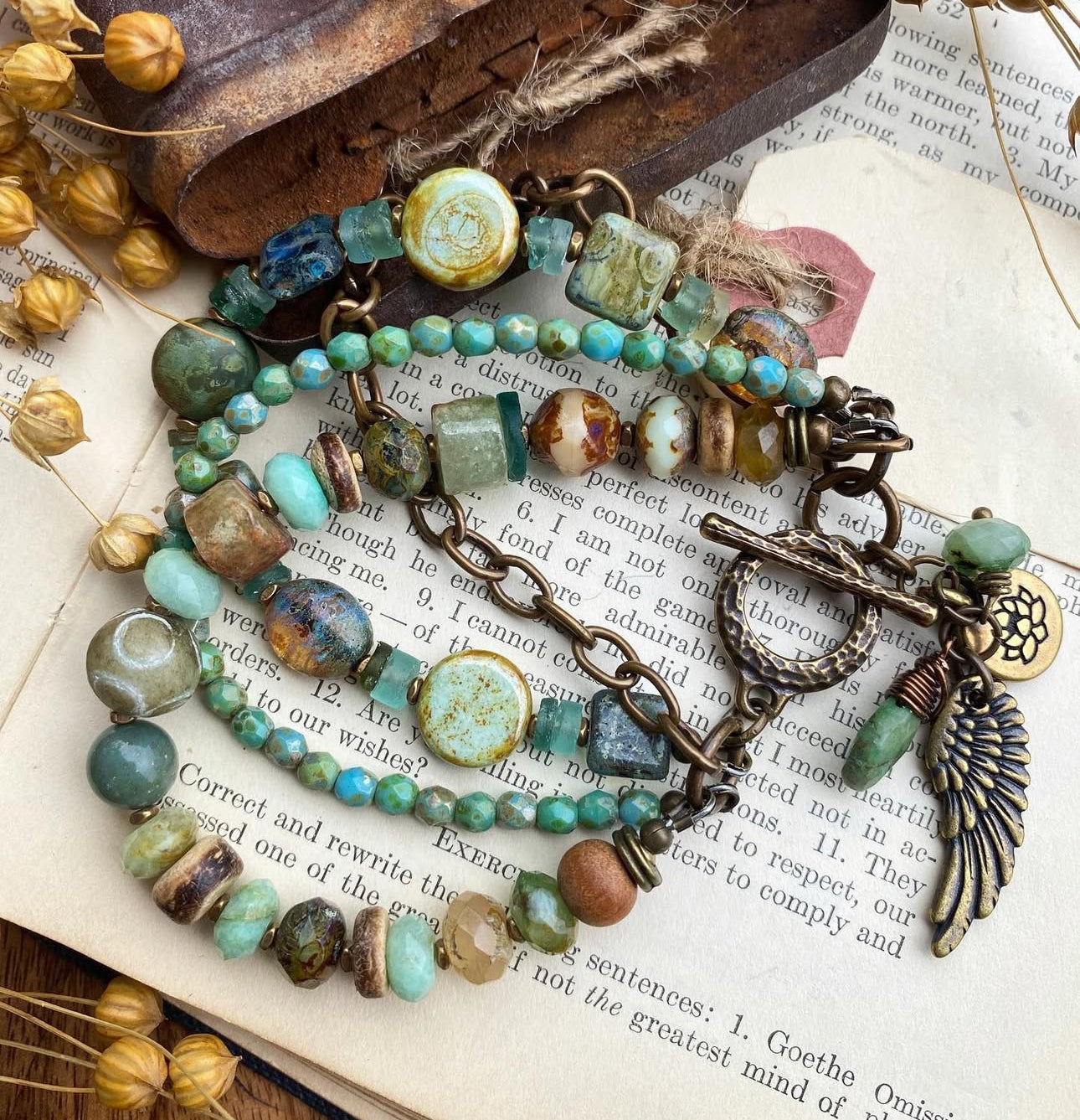 Roman glass, green stone, wood, Czech glass, chain, bronze, bracelet