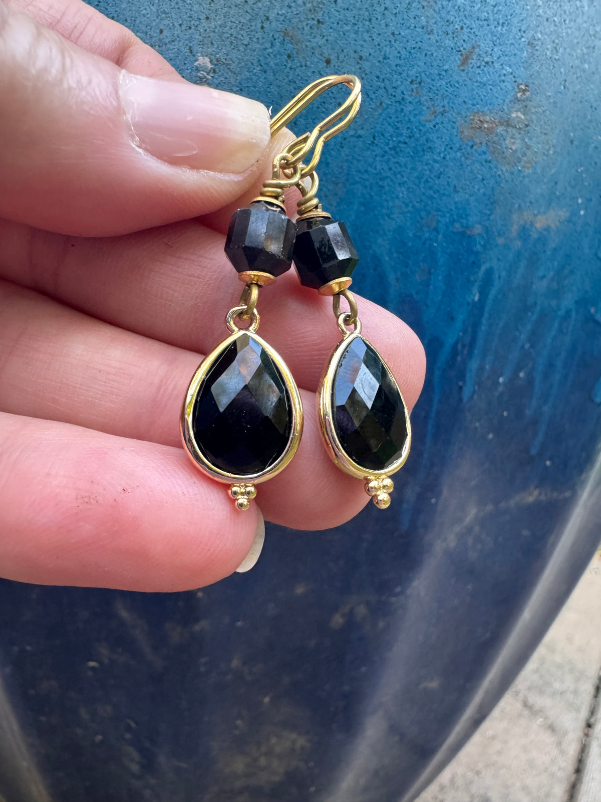 Black onyx, black tourmaline, gold metal, drop, earrings