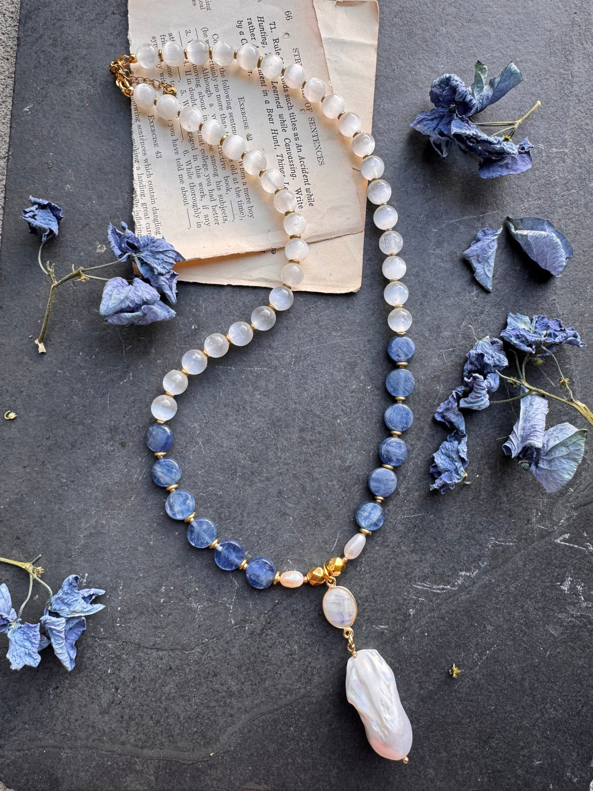 Selenite stone, moonstone, kyanite stone, freshwater pearl, gold metal, necklace