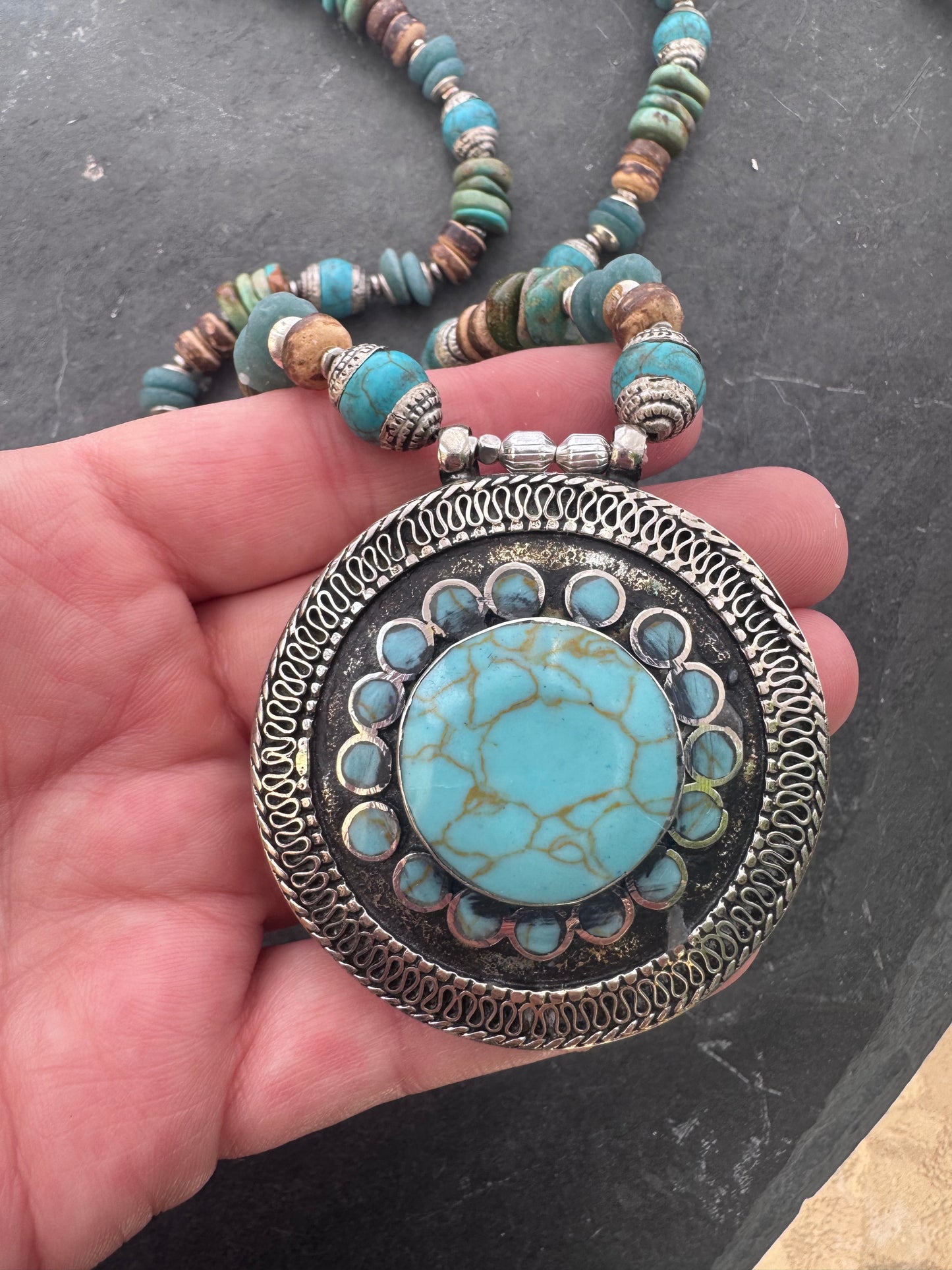 Hubei turquoise, turquoise, java glass, solver capped turquoise , wood, silver metal, necklace