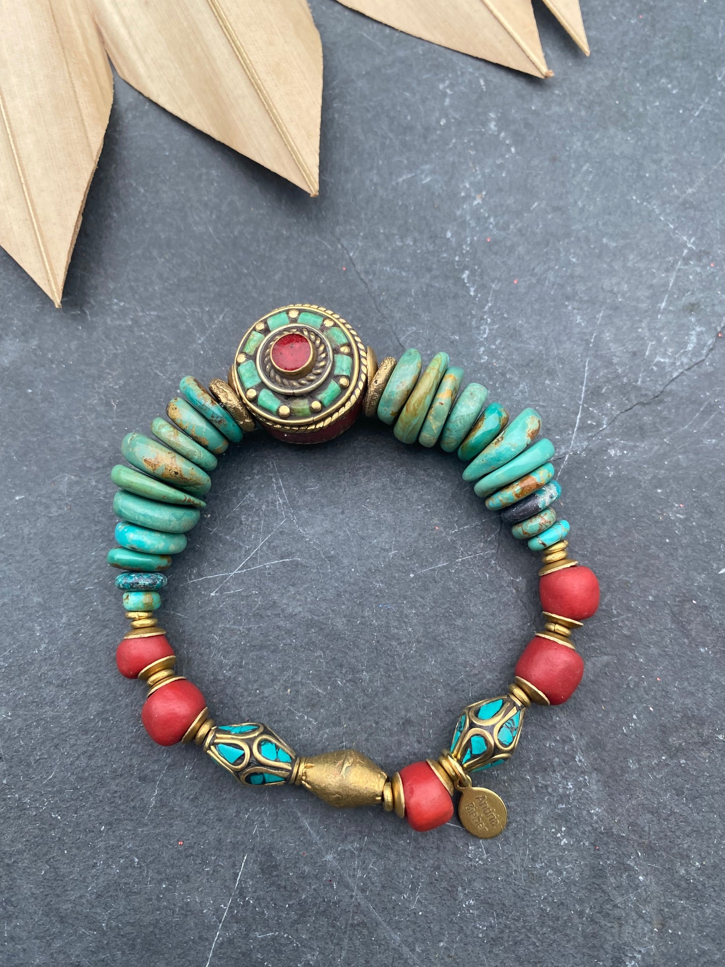 African brass, turquoise, Tibetan bead, indoneisan glass, elastic cording, bracelet, jewelry