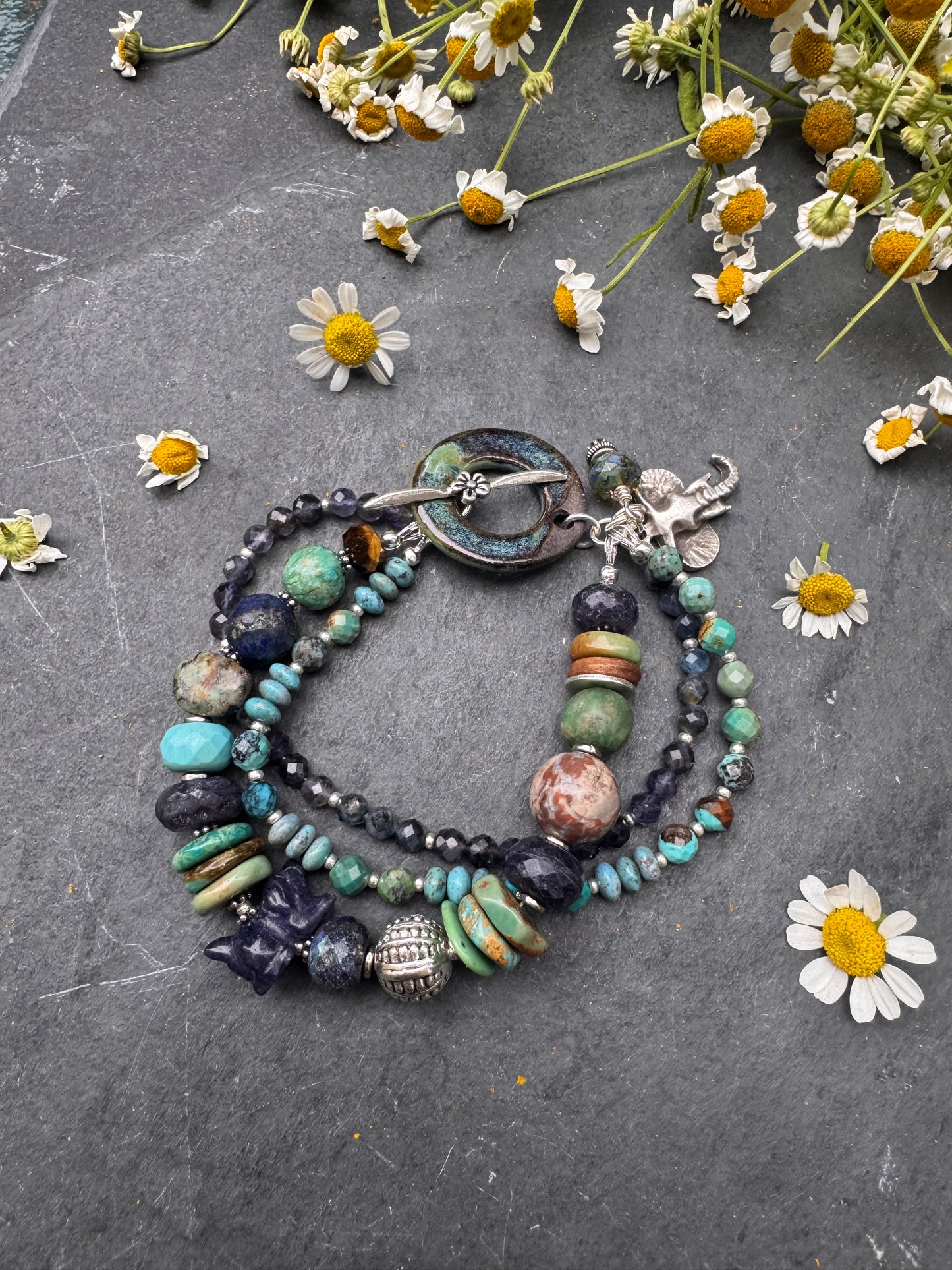 Turquoise, iolite, ceramic clasp, bracelet