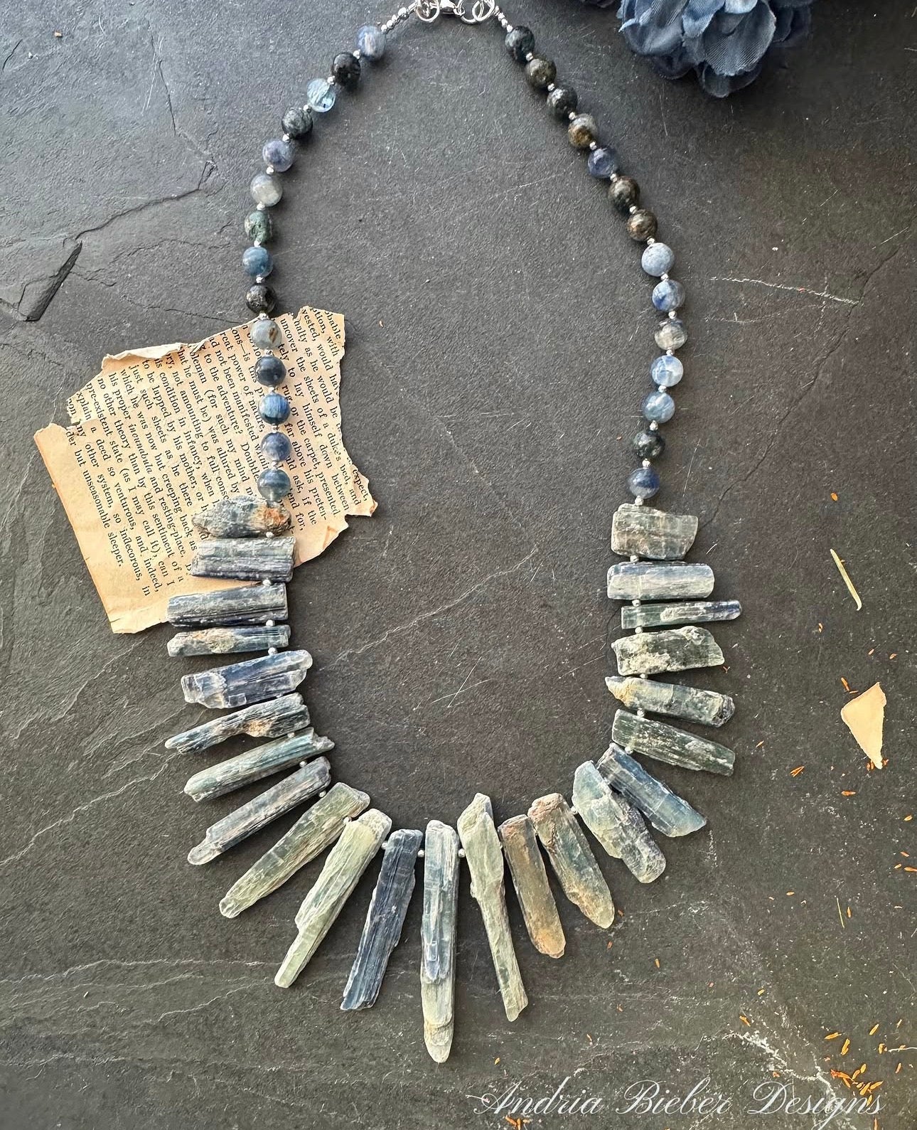 Kyanite gemstone, silver metal, necklace, jewelry