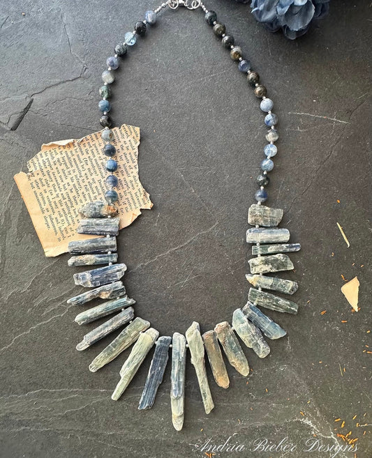 Kyanite gemstone, silver metal, necklace, jewelry