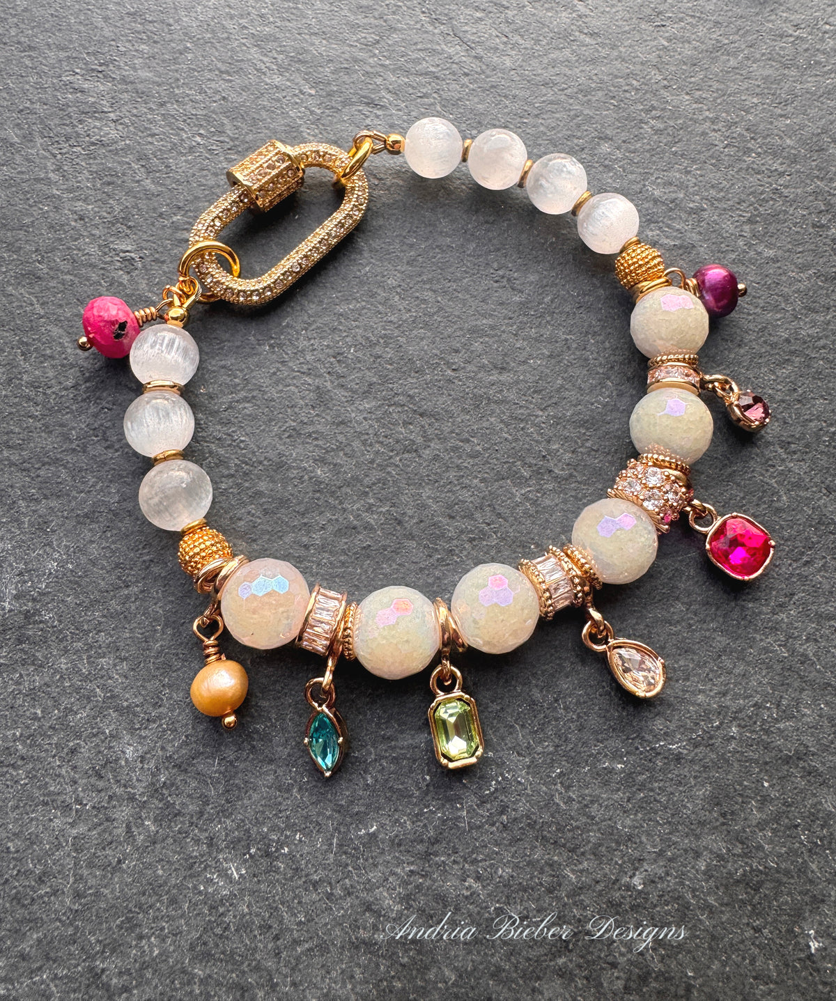 Faceted moonstone, selenite stone, mixed crystal gems, rhinestone clasp, bracelet