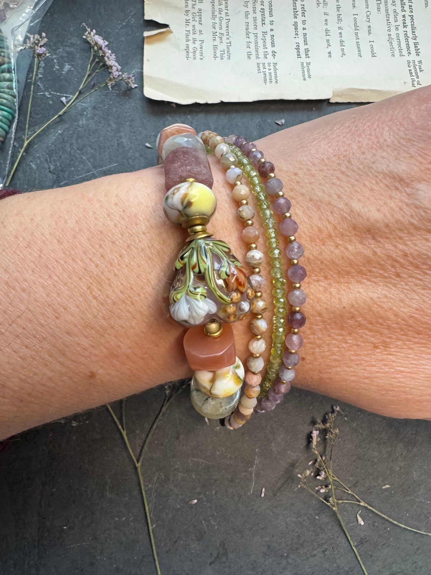 Spring garden. Mixed gemstone, lampwork glass, flower button clasp.