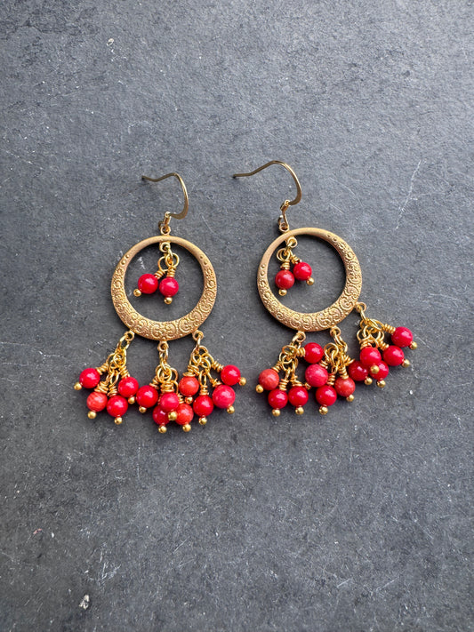Red coral, dangle, chandelier, brass metal, earrings