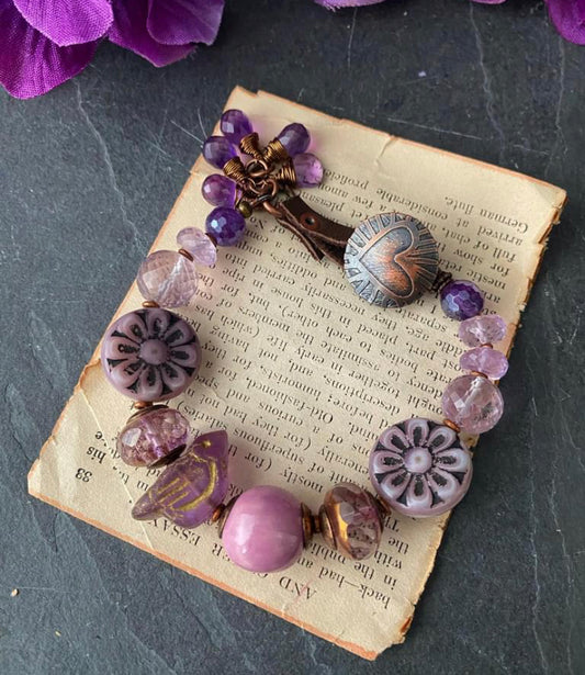Purple. Czech glass, amethyst stone, ceramic, copper metal, bracelet, jewelry