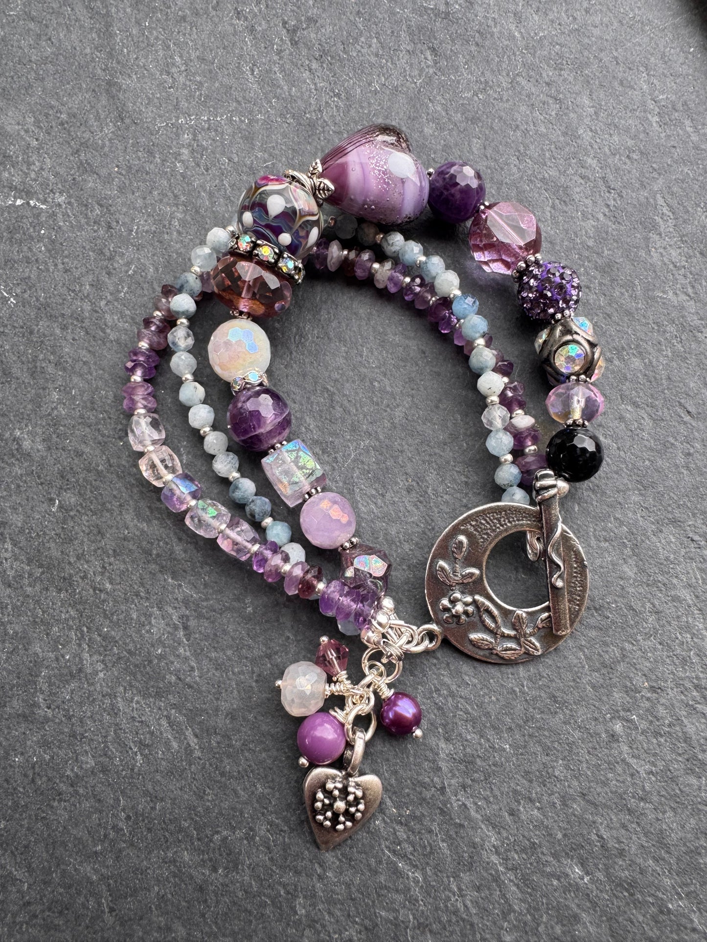 Cosmic layers. Aquamarine, Handmade lampwork glass, rhinestones, moonstone, amethyst, silver metal, flower clasp, bracelet