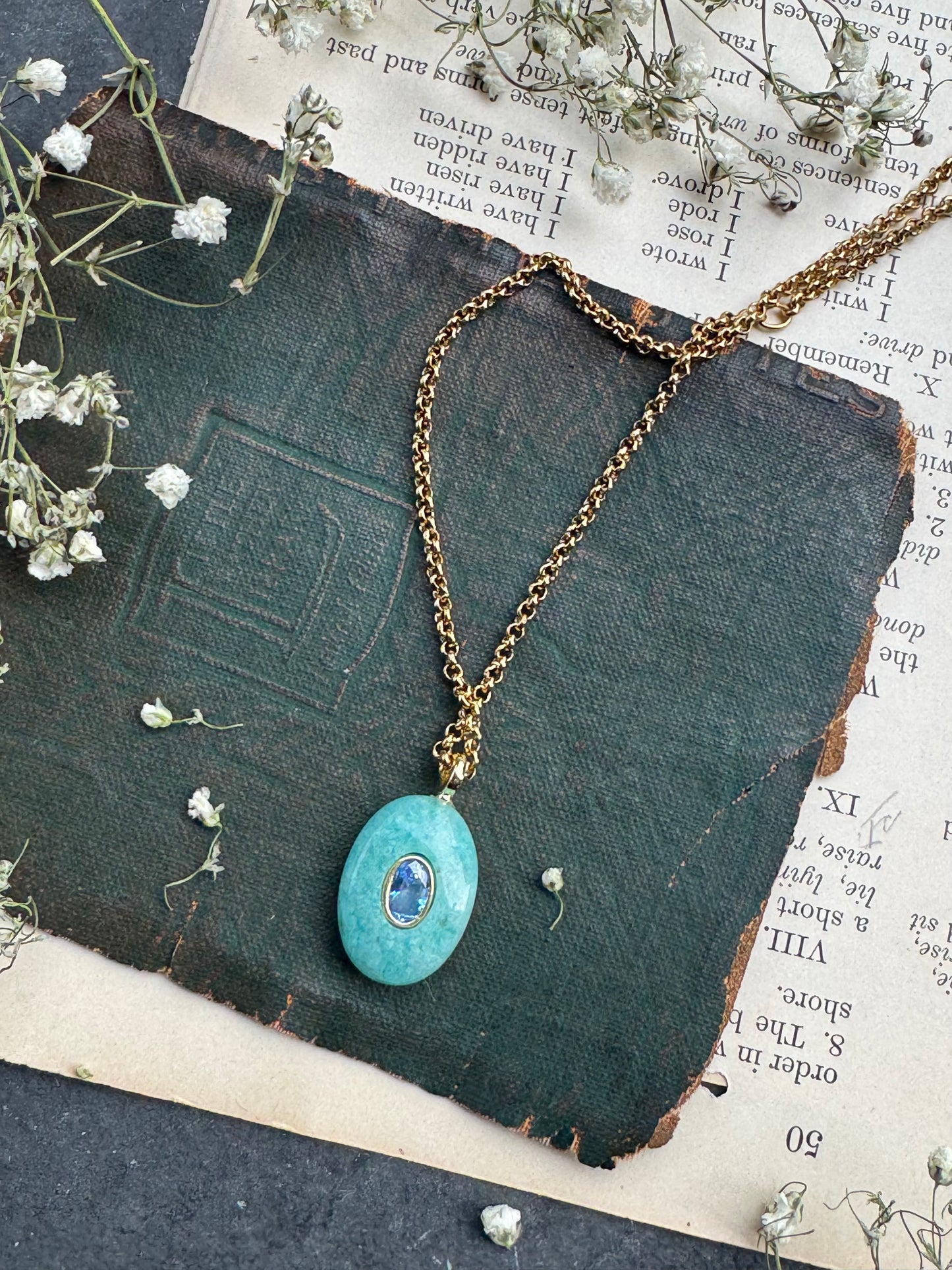 Amazonite, apatite, crystal, gold metal, drop necklace