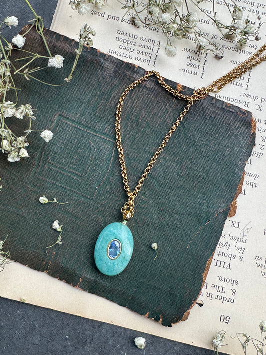 Amazonite, apatite, crystal, gold metal, drop necklace