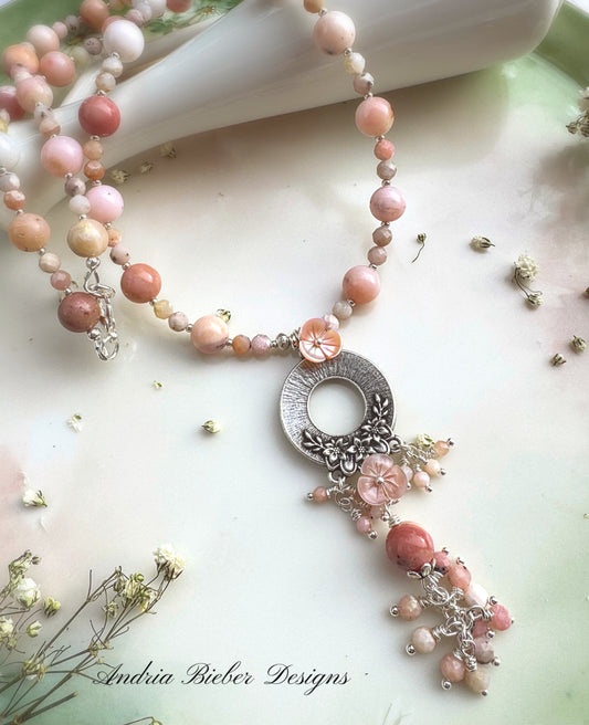 Pink opal, pink shell blossoms, silver metal blossom pendant, necklace.