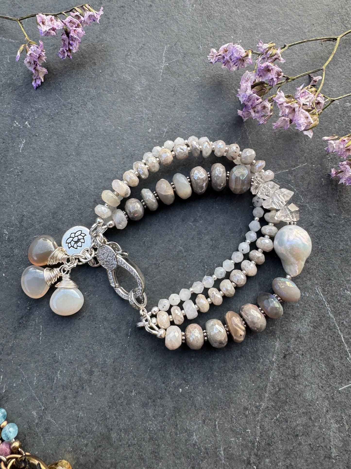 Moonstone, baroque pearl, Herkimer diamonds and rhinestone silver clasp, bracelet