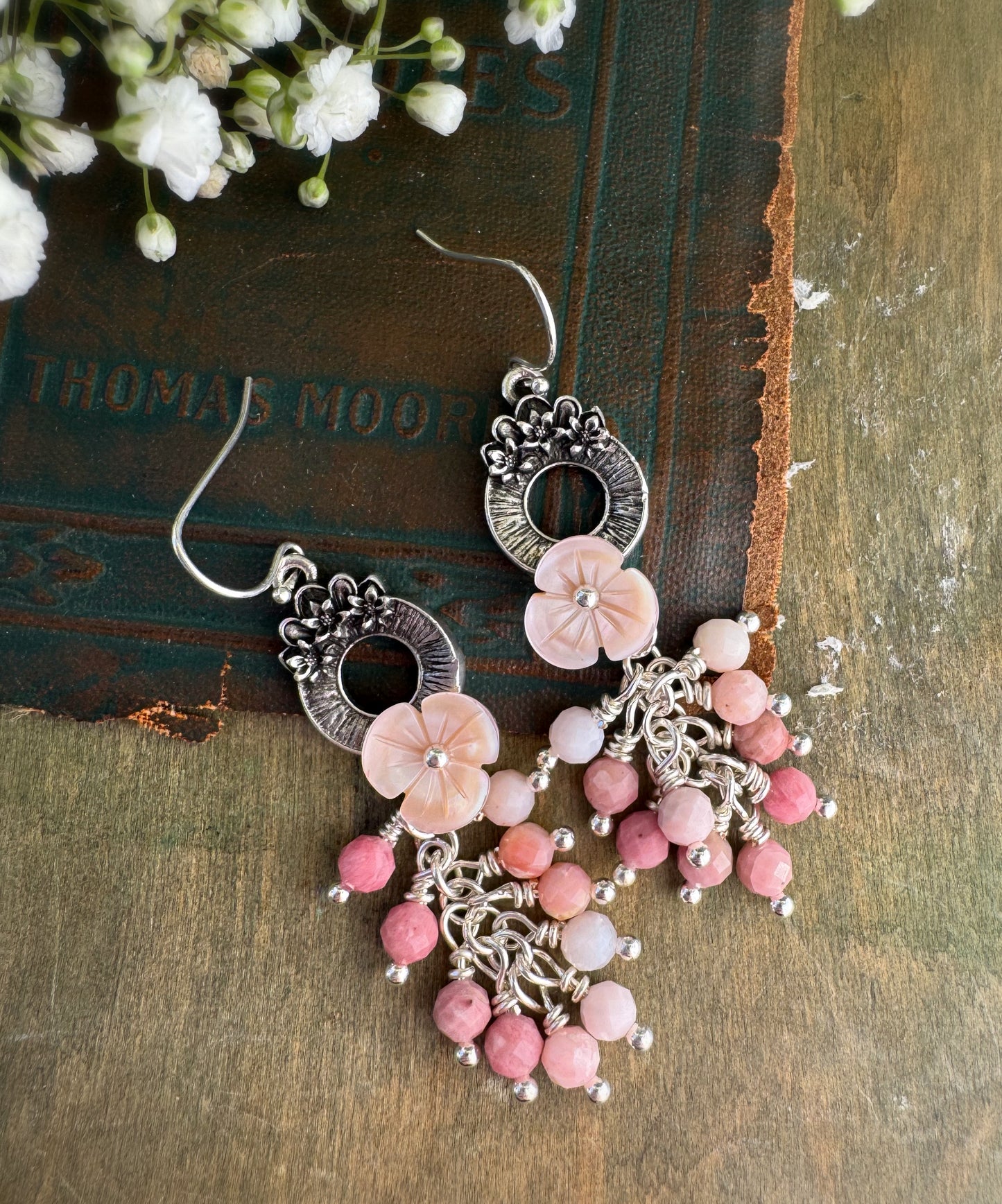 Pink opal, pink shell blossoms, sterling silver metal, earrings