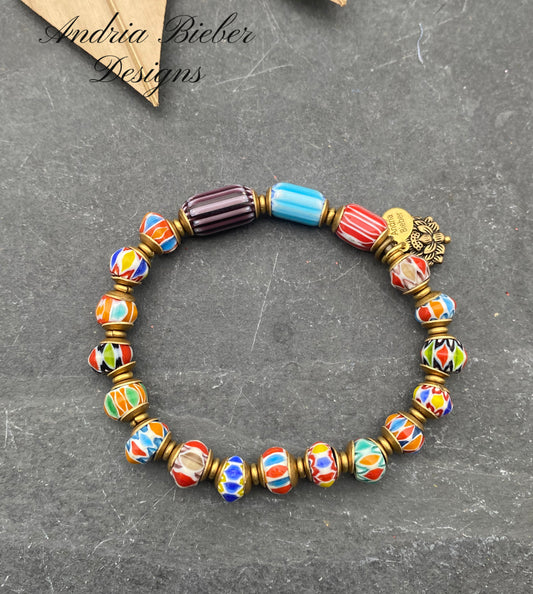 Indonesian glass, African brass, elastic cording, bracelet, jewelry