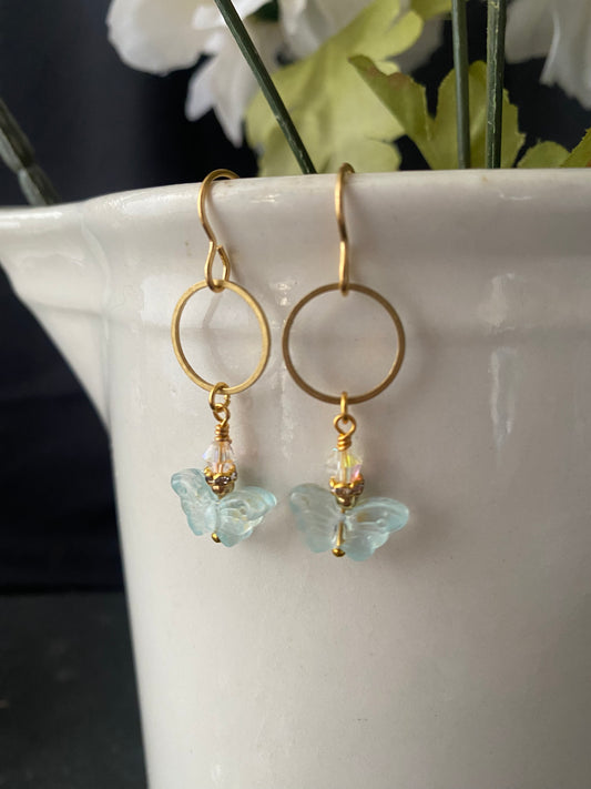 Butterfly blue and crystal earrings, gold metal earrings
