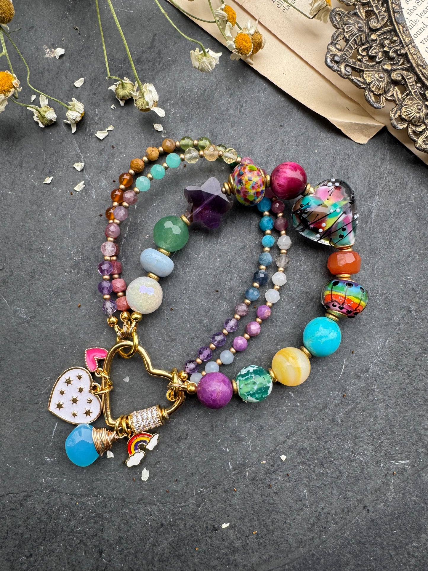 Rainbow. Mixed gemstone, lampwork glass, rhinestone clasp. Kit.