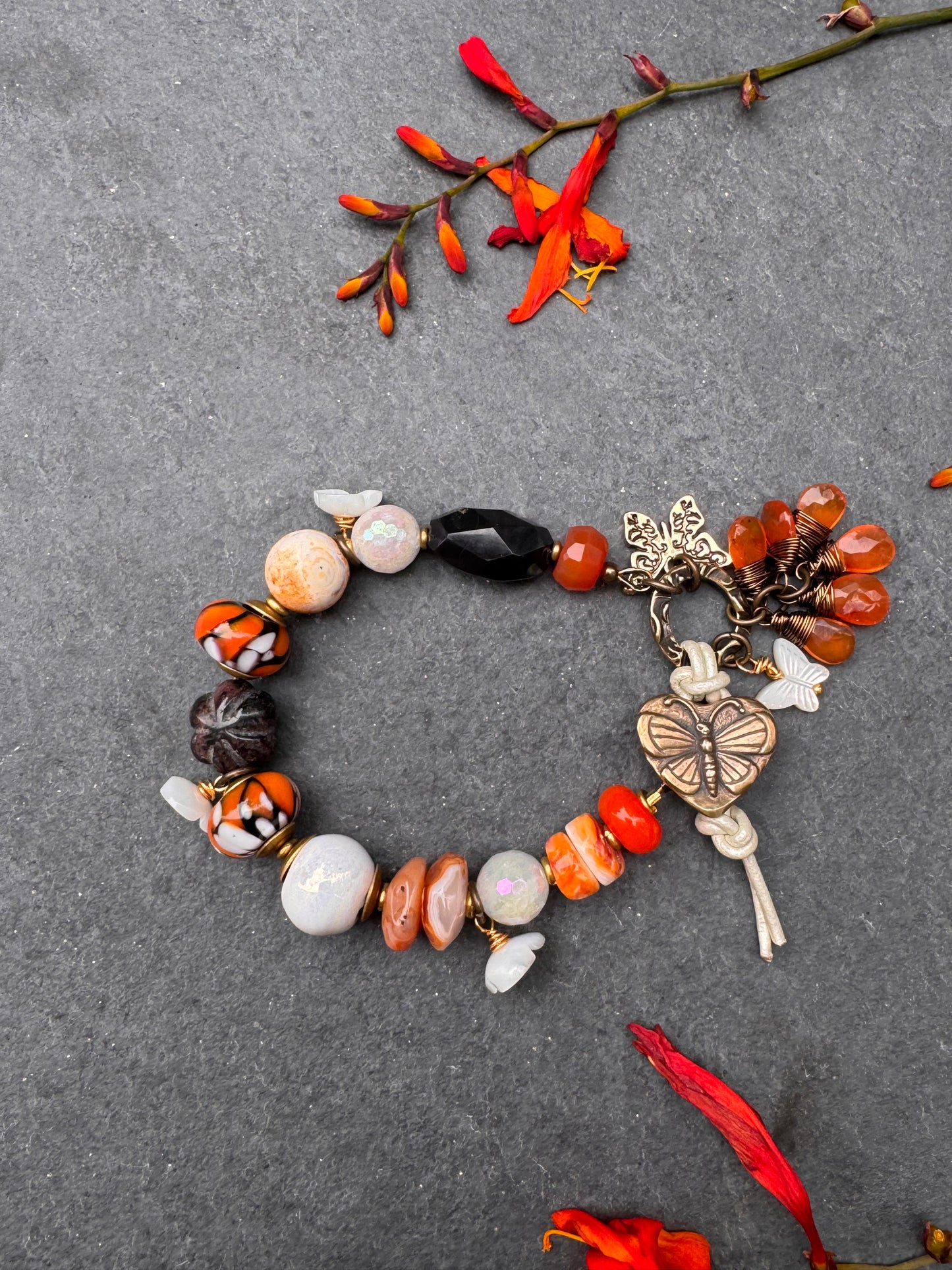 Monarch butterfly. Mixed stone, handmade lampwork Glass, butterfly button, bracelet