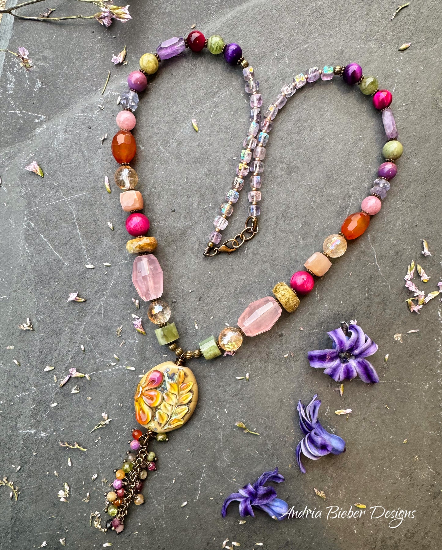 Handmade lampwork glass pendant, mixed gemstone, bronze metal necklace
