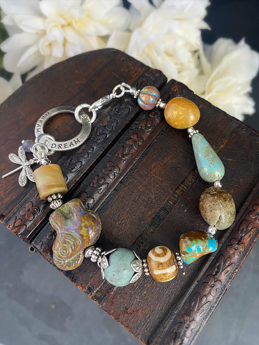 Turquoise stone, agate, czech glass elephant, silver dream charm, bracelet