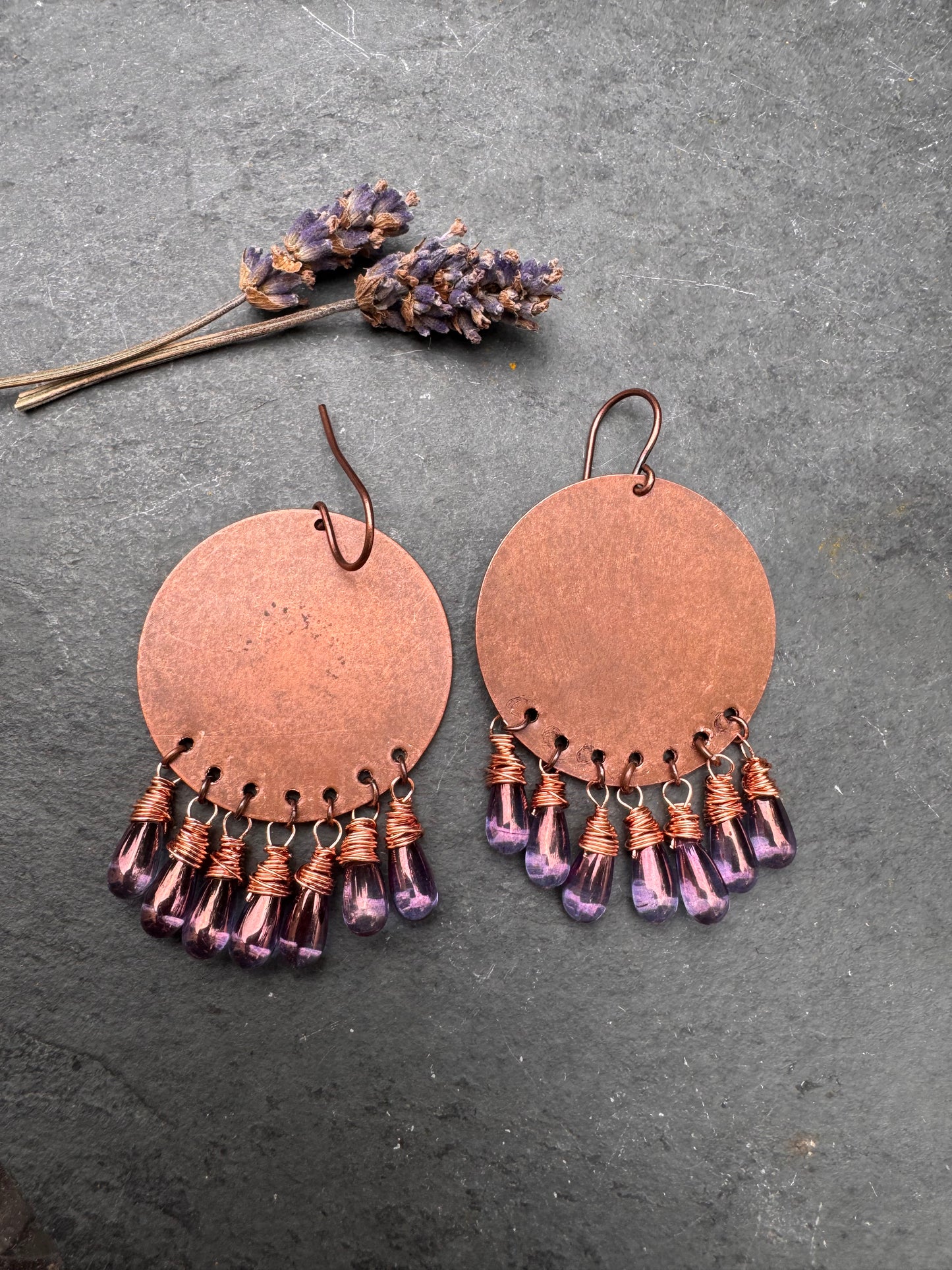 Purple czech glass drops, copper metal, earrings