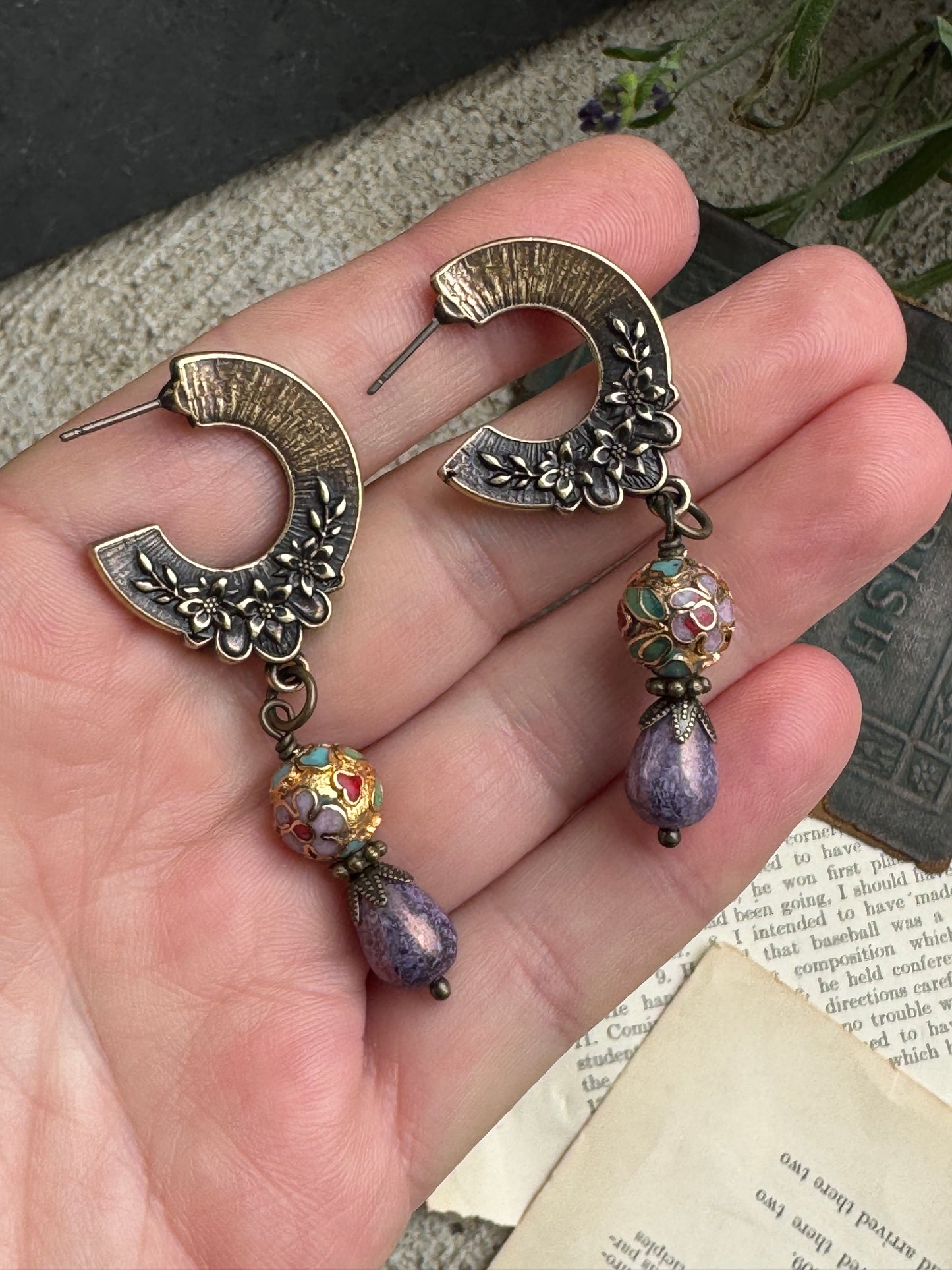 Brass flower charms, Cloisonné beads, purple Czech glass, earrings
