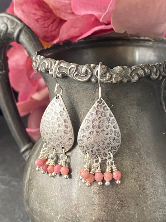 Silver earrings . Hammered silver charms, pink stone, sterling silver jewelry.
