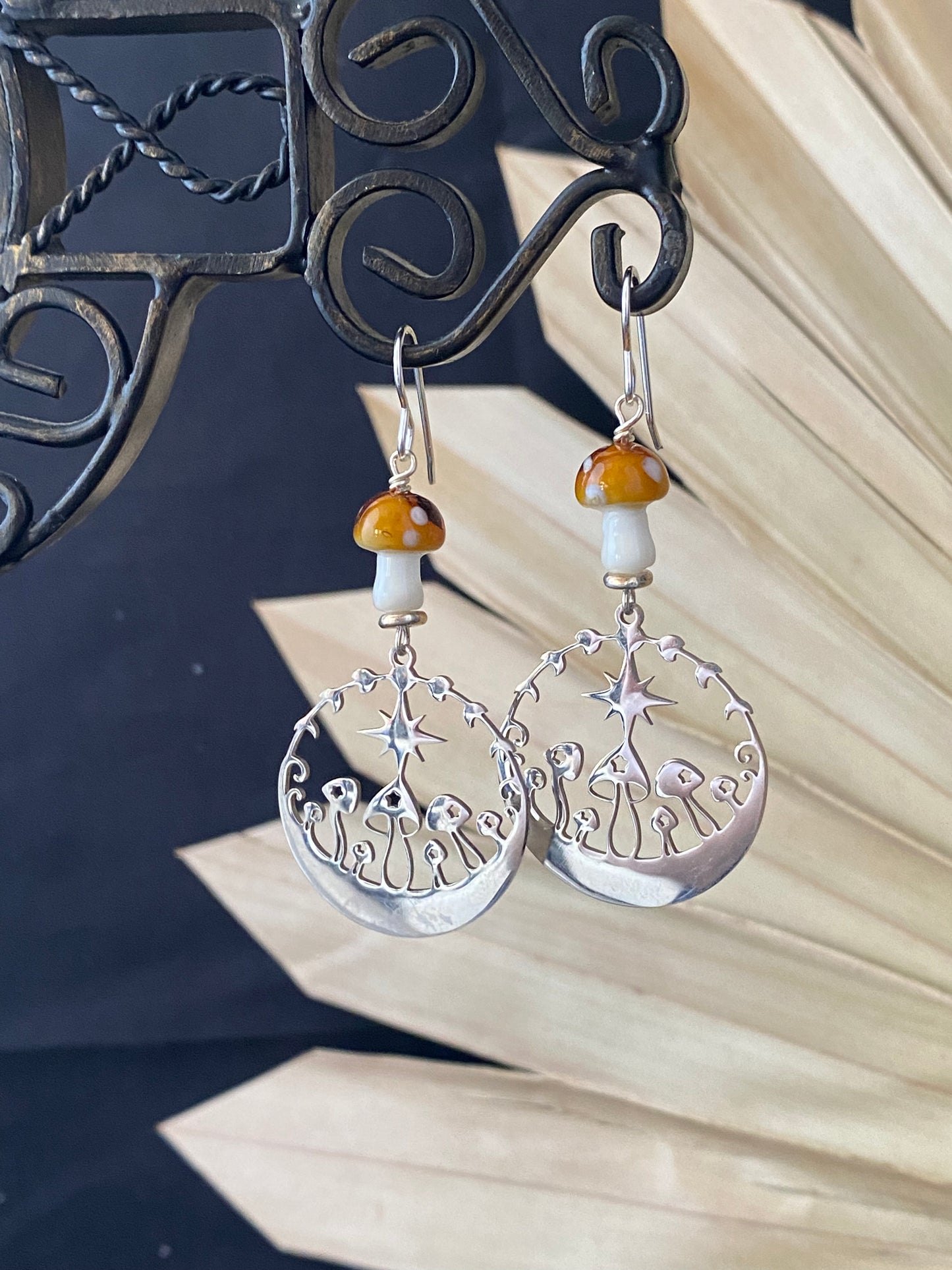 Mushroom glass bead, mushroom silver charm earrings, jewelry.