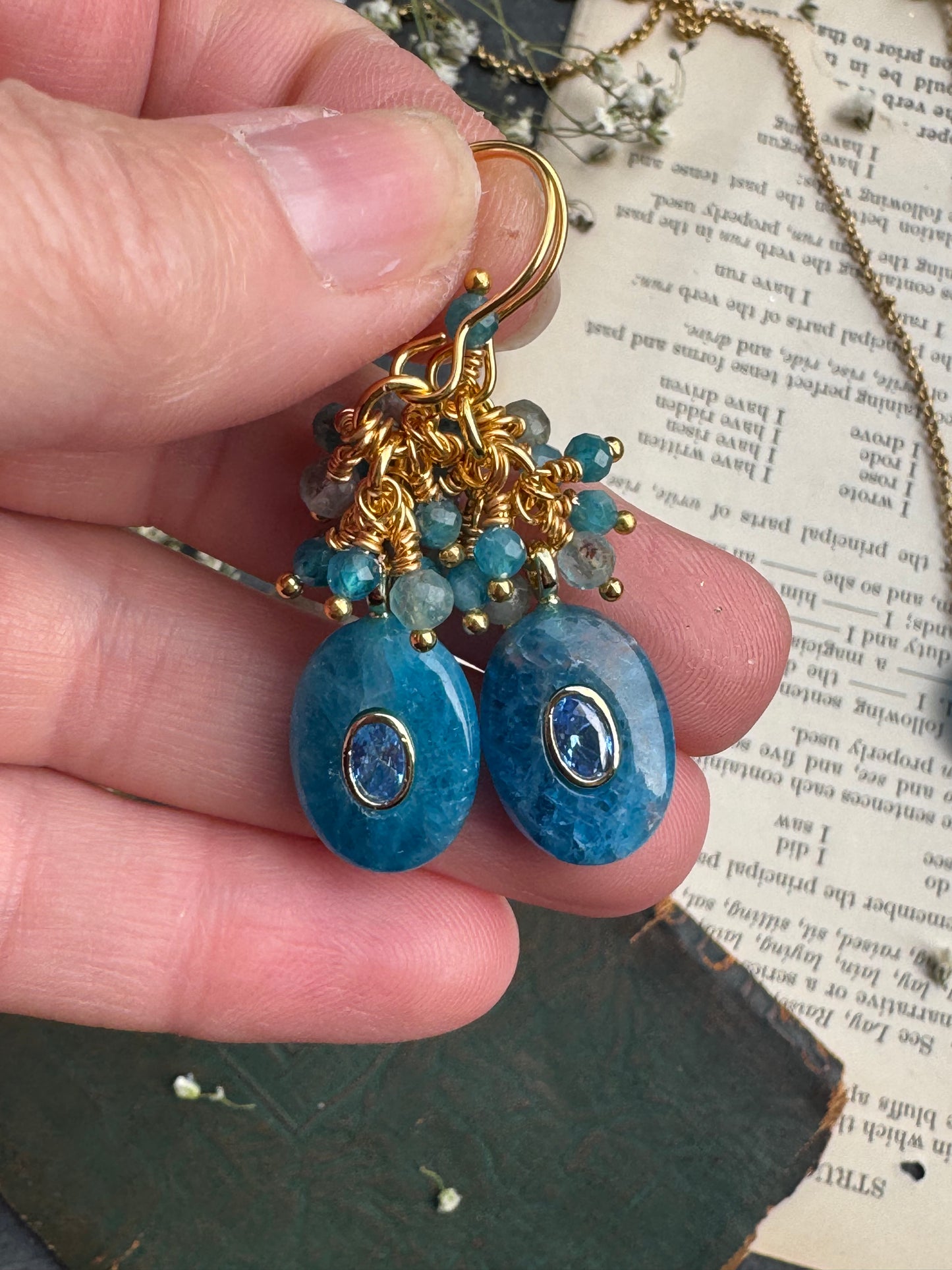 Apatite, blue crystal, gold metal, drop earrings