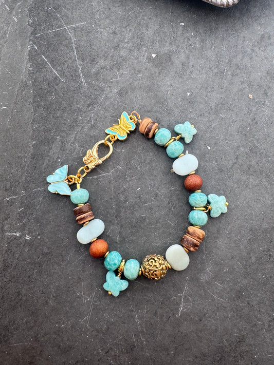 Amazonite, wood, gold metal charm bracelet.