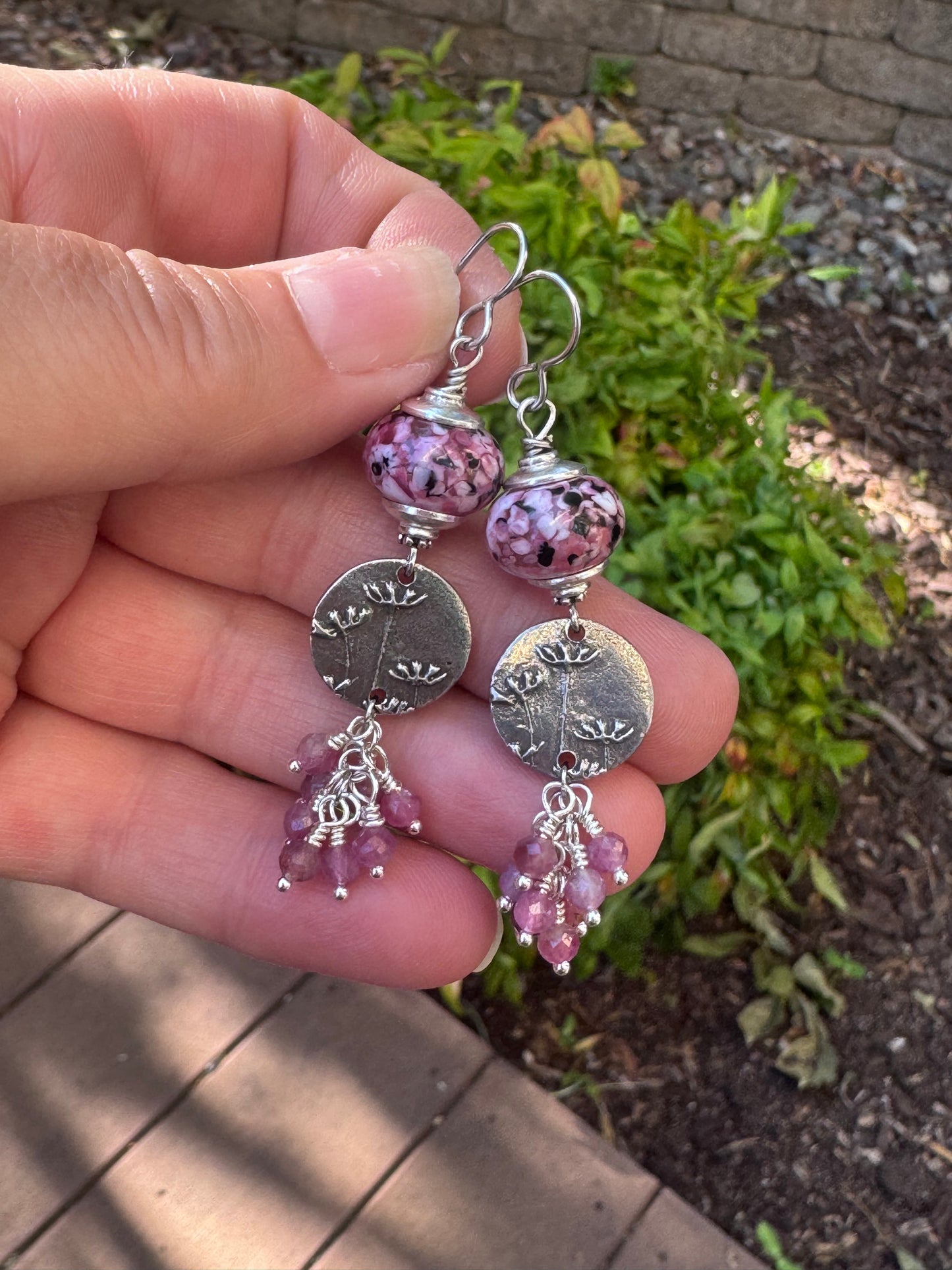 Handmade lampwork glass, silver pewter flower charm, pink tourmaline stone, earrings