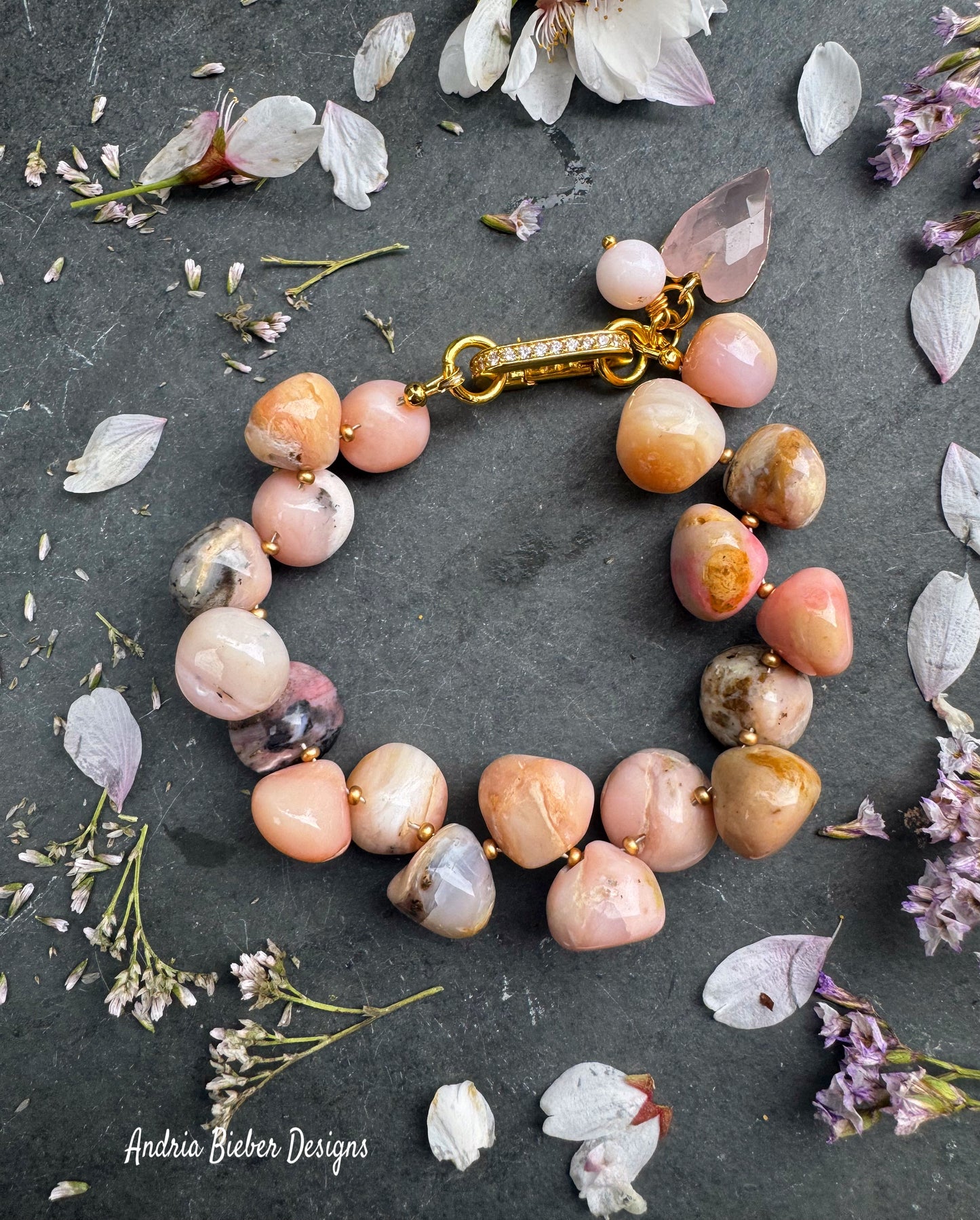 Pink opal stone, rhinestone gold clasp, rose quartz, bracelet.