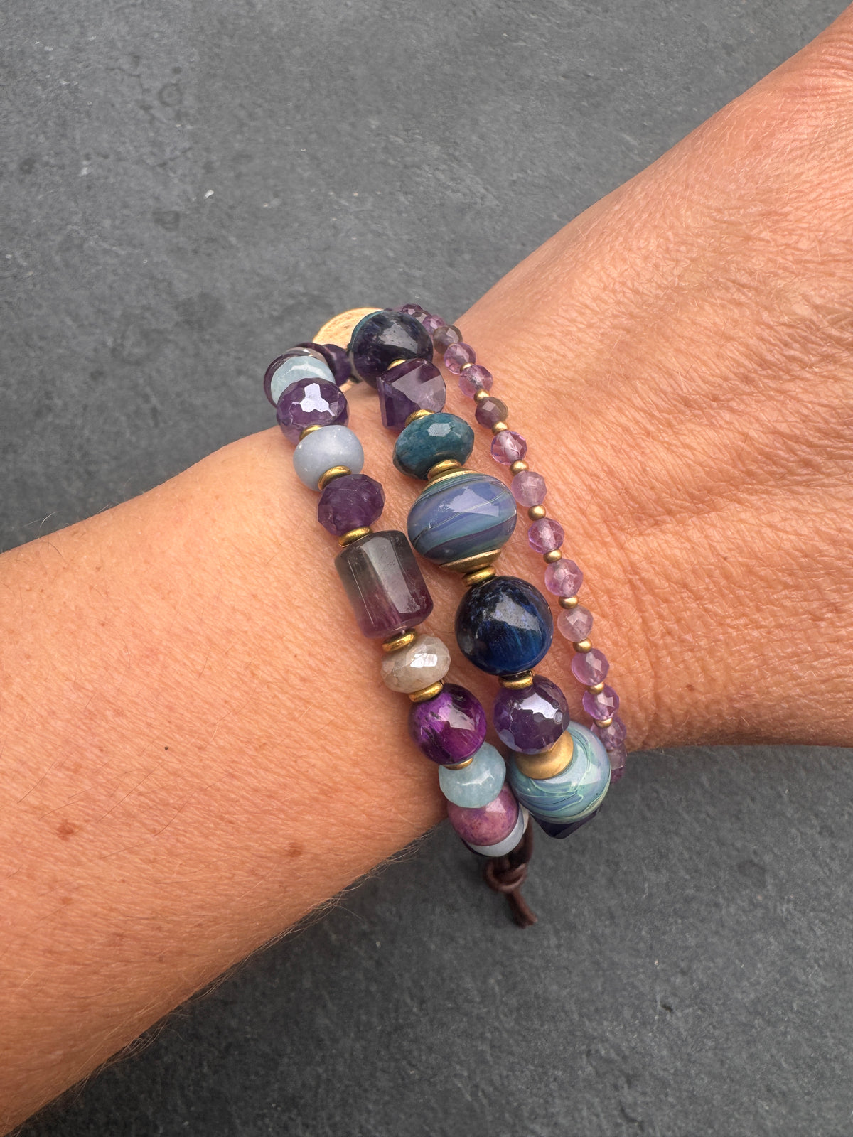 handmade lampwork glass, labradorite, fluorite, tigers eye, amethyst, aquamarine, moonstone, apatite, and  handmade butterfly button clasp.