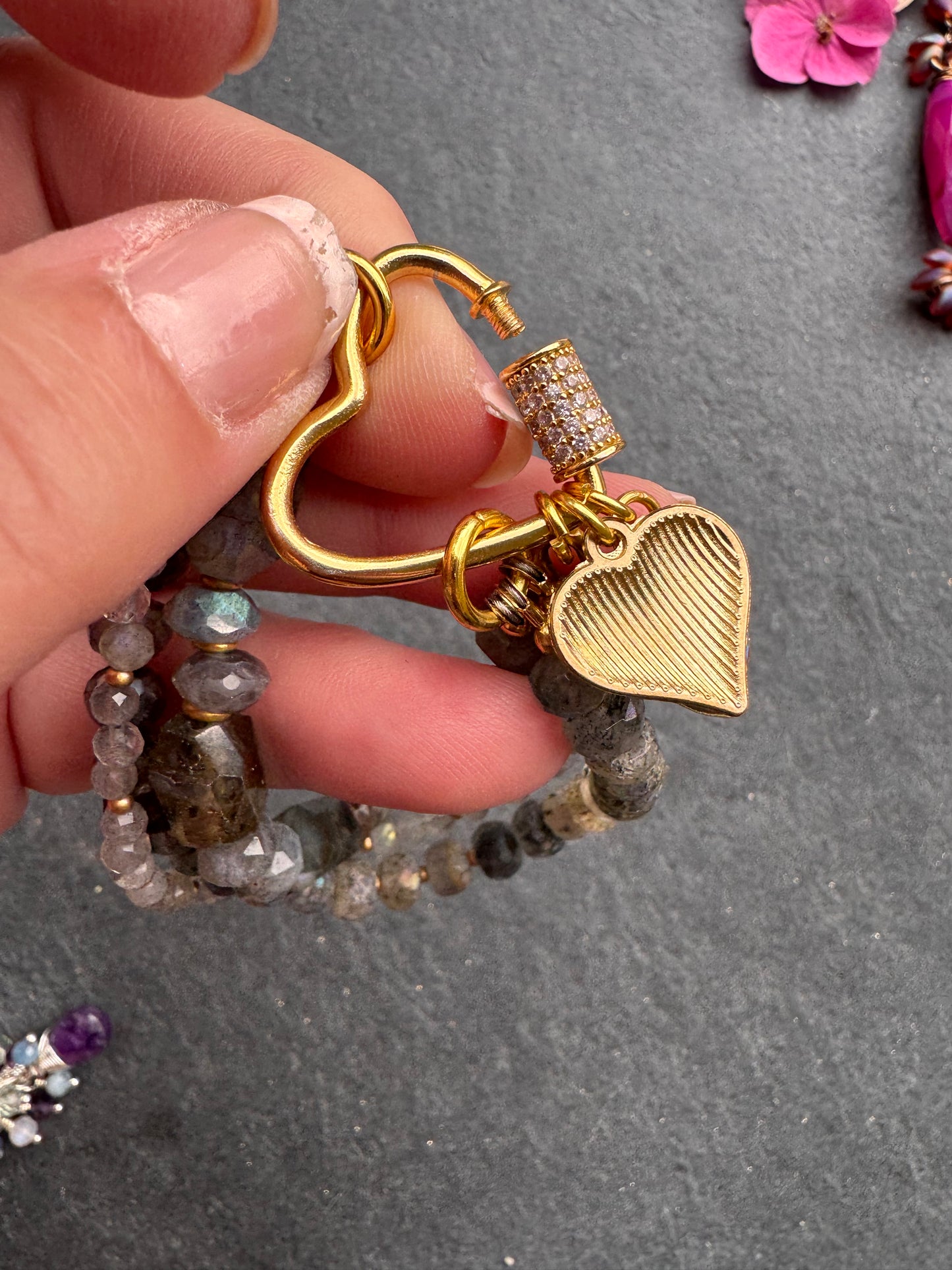 Labradorite faceted stone, rhinestone heart clasp, multi strand, charm, bracelet.